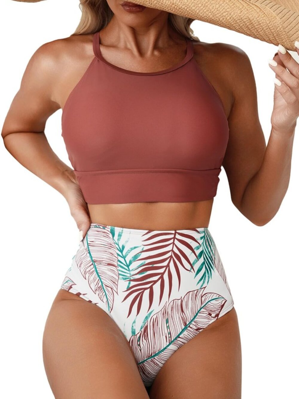 Solid High Neck Top Floral Print Bikini Bottom N0922